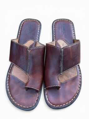 Born Leather Wedge Sandals Brown Toe Loop Comfort Slides Women 8